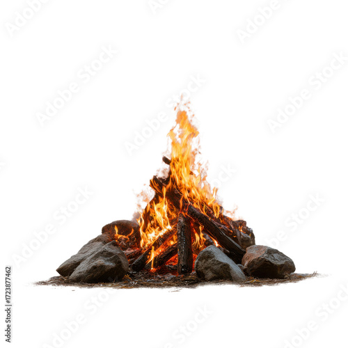 Campfire with Burning Logs and Rocks Isolated on Transparent Background wood, Isolated On White, Png Transparent, Cut Out