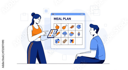 Illustration of a Woman Explaining a Meal Plan to a Man for Healthy Eating and Nutrition