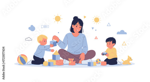 Illustration of mother and children playing with toys in a bright and cheerful room