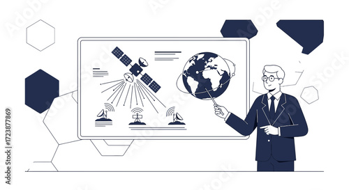 Illustration showcasing global communication technology with a satellite network diagram