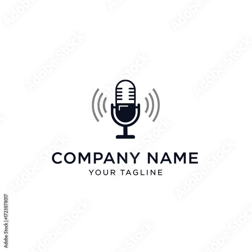 Minimalist black and white microphone logo with sound waves, suitable for podcasting or audio broadcasting company branding.