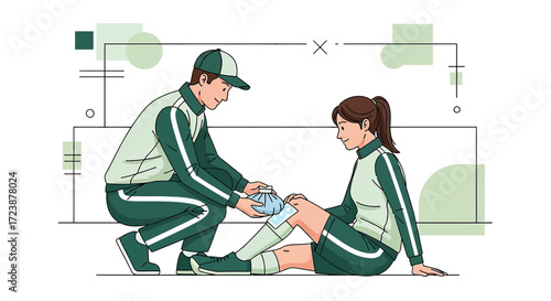 Illustration showing a first aid treatment after a sports injury with ice pack on the knee injury
