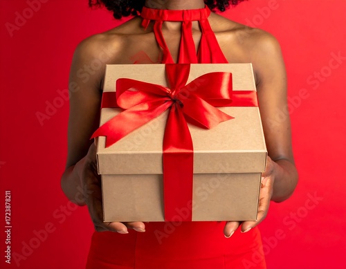 Woman in red dress holding a gift box
