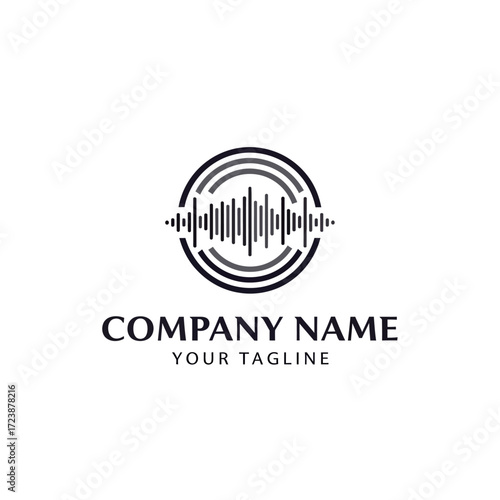 A circular logo featuring a sound wave equalizer graphic with concentric circles and the text "COMPANY NAME" and "YOUR TAGLINE" below.