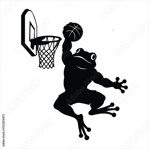 Funny silhouette frog playing basketball dunking slam dunk sport action fun amphibian