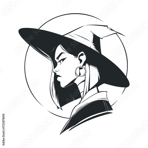 Stylized profile sketch of a woman wearing a witch hat.