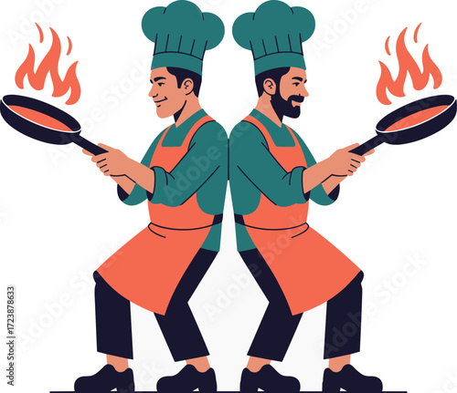 Vector art of two chefs in uniform, holding frying pans with flames, isolated on white