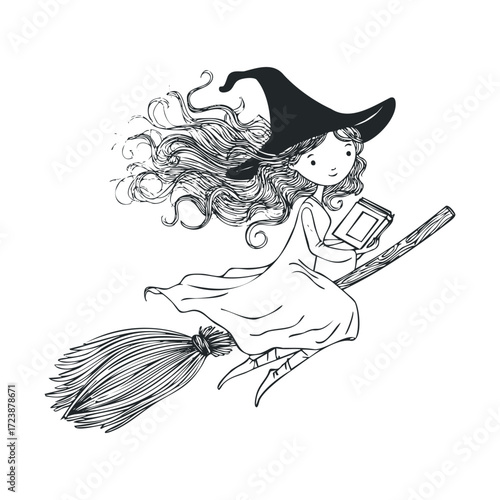 Cute girl witch with long hair flying on a broomstick reading.