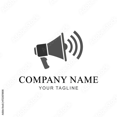 A minimalist dark gray silhouette of a megaphone emitting sound waves, with the text "COMPANY NAME" and "YOUR TAGLINE" below.