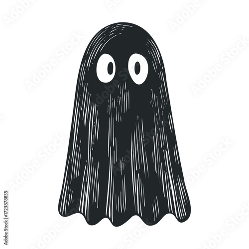 Dark, sketchy ghost with big, white, round eyes.