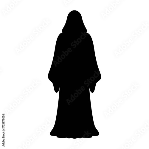 Black hooded figure silhouette vector art illustration of mysterious cloaked person design style