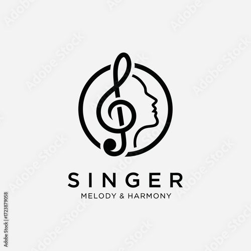 A minimalist black and white logo featuring a treble clef intertwined with a human face profile inside a circular frame, with 'SINGER MELODY & HARMONY' text below.
