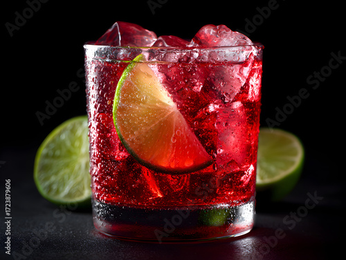 Vibrant crimson beverage with glistening ice and fresh lime