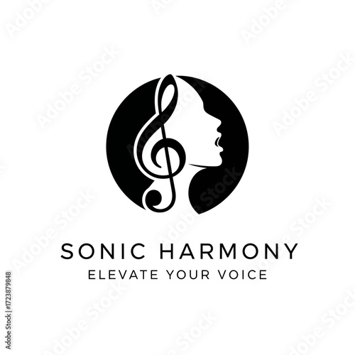 A black and white logo featuring a silhouette of a woman's profile with a treble clef integrated into her hair, alongside the text "SONIC HARMONY ELEVATE YOUR VOICE".