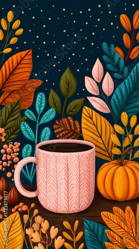 Cozy Autumn Coffee Scene – Autumn Coffee Mug with Pumpkin and Leaves  - Cozy Fall Vibes ideal for seasonal campaigns, social media visuals, or warm lifestyle content