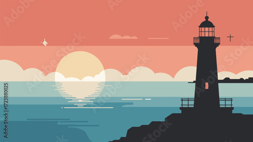Lighthouse Silhouette Ocean Sunset Seascape Illustration