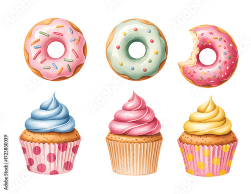 Watercolor pastry set with frosted cupcakes and glazed donuts. Pastel bakery sweets with donuts and cupcakes.