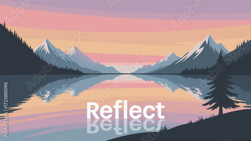 Mountain Lake Landscape Reflection at Sunset Vector Illustration