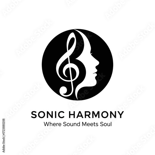 A black and white logo featuring a treble clef merged with a woman's face profile inside a circle, with 'SONIC HARMONY' text below.