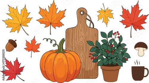 Autumn Harvest Still Life with Pumpkin Maple Leaves and Warm Beverage Illustration for Thanksgiving and Fall Decor Projects