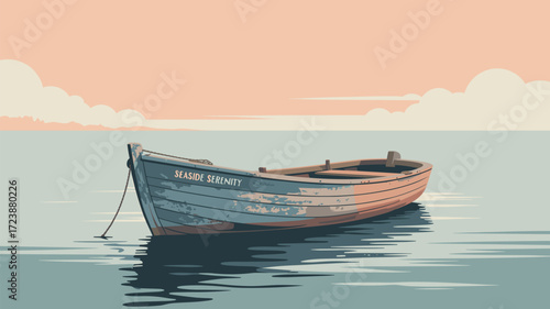 Rowboat Seaside Serenity Floating on Calm Water Tranquil Scene.