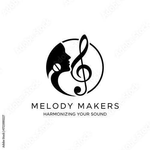 A black and white logo for 'Melody Makers' featuring a treble clef and a singing silhouette, symbolizing music and voice.