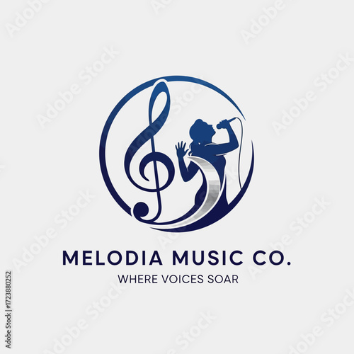 A circular logo for Melodia Music Co. featuring a silhouette of a singer holding a microphone, with a treble clef and swirling musical notes.