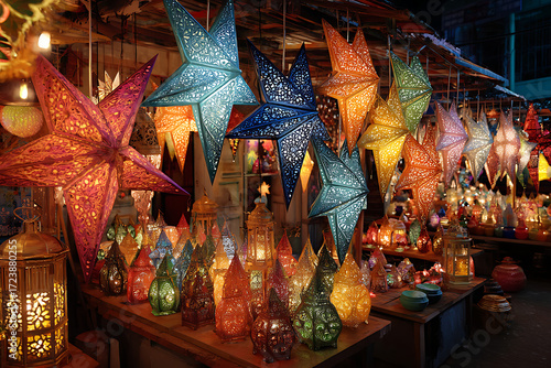 Wallpaper Mural Enchanting star lanterns and decorative lights shine brightly, bringing holiday cheer and warm ambiance for celebrations and festive events. Torontodigital.ca