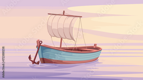 Sailboat with Anchor Marine Vessel on Water Illustration.