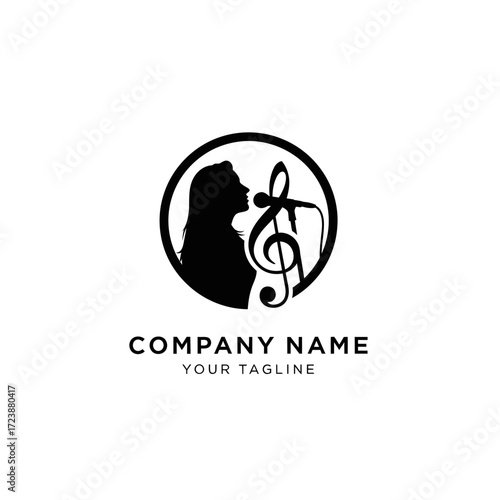 A black and white circular logo featuring the silhouette of a person singing into a microphone, with a treble clef integrated into the design, suitable for a music company.