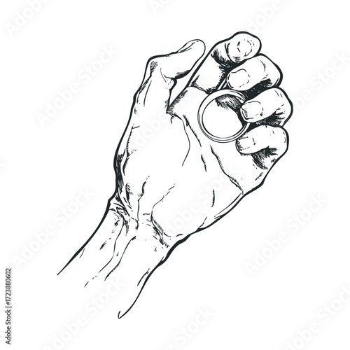 Sketch of a hand holding a small round metal ring.
