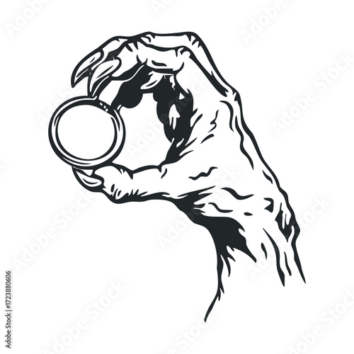 Sketch of a monster's hand holding a round object.