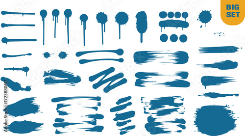 Collection of blue vector brush strokes and paint splatters for artistic design elements providing diverse options for creative projects and graphic applications ideal for illustrators