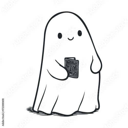 Simple, cute ghost character holding a small book.