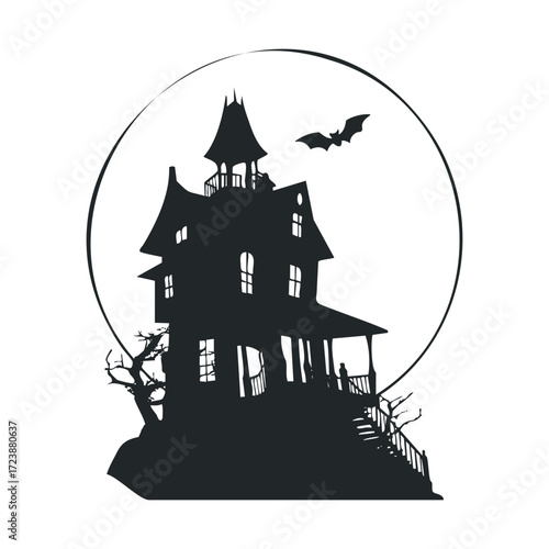 Haunted mansion silhouette with a bat flying over a full moon.