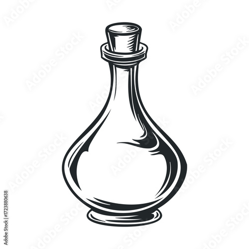 Monochrome drawing of a corked, curved glass bottle.