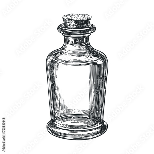 Sketch of a corked glass potion bottle with liquid inside.