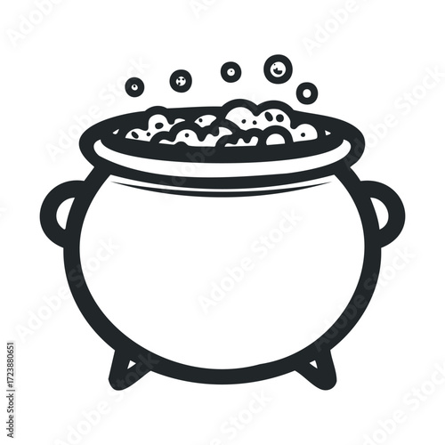 Monochrome sketch of a bubbling witch's cauldron.