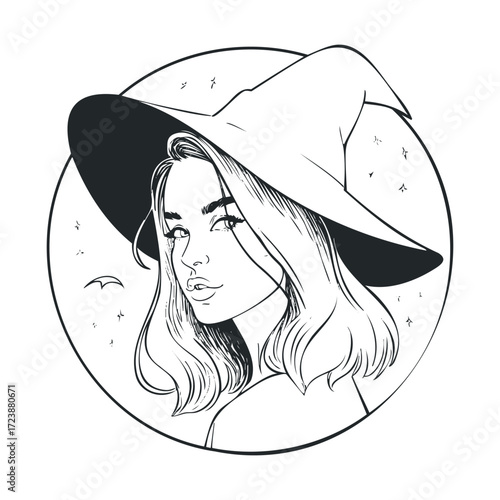 Monochrome drawing of a woman wearing a witch hat.