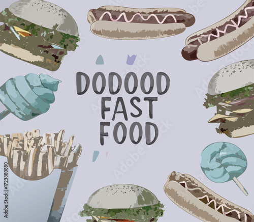 Stylized graphic representation of popular fast-food menu offerings, including burgers, hot dogs, and fries, presented on a minimalist background in a hand-drawn illustration style