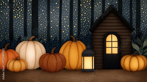 Golden Autumn Forest Landscape – Whimsical Autumn Scene with Pumpkins, Lantern, and Cabin in Enchanted Forest perfect for travel blogs, postcards, seasonal decor, or wellness content