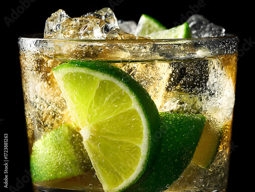 Zesty lime cocktail with effervescent bubbles and ice on black background