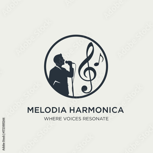 A dark silhouette of a singer holding a microphone inside a circle, accompanied by a treble clef and musical notes.
