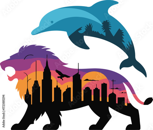 Lion and Dolphin Silhouettes Filled with Cityscapes and Nature Scenes