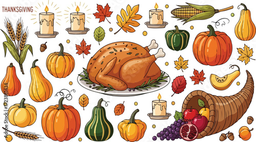 Thanksgiving harvest feast with turkey cornucopia pumpkins candles and autumn leaves depicting abundance gratitude and family gathering for the holiday season celebration