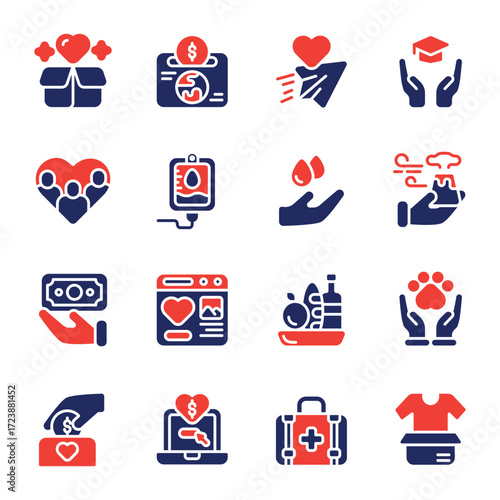 Donations solid icons collection. Containing charity, donation, help, support, donate and more. Solid vector icons collection. Vector Illustration.