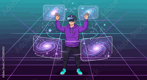 Immersive virtual reality experience with galactic landscapes and interactive interfaces