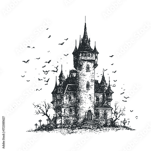  Sketch of a spooky mansion with bats flying around it