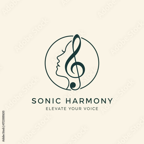 Elegant logo design for 'Sonic Harmony' featuring a treble clef cleverly integrated with a woman's face profile.