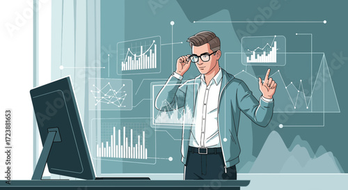 Innovative financial analyst examining data visualizations and monitoring stock market trends